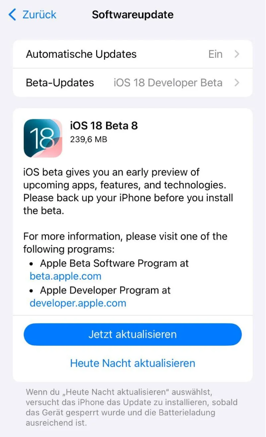 西宁苹果手机维修分享苹果 iOS / iPadOS 18 开发者预览版 Beta 8 发布 